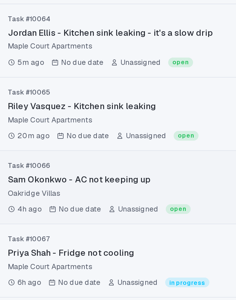 Serlo task list showing tasks #10064 to #10067 with property, time, due date, assignee and status.